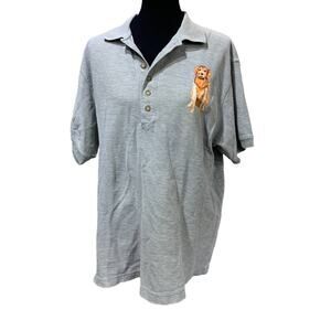 Hand Printed Upcycled Mens Medium Golden Retriever Puppy Dog Collared Polo Shirt